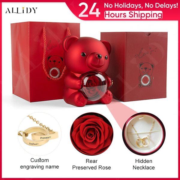 Red Eternal Rose Teddy Bear with Stainless Steel Custom Names Necklace Jewelry Gifts Set for Woman Valentine's Gift