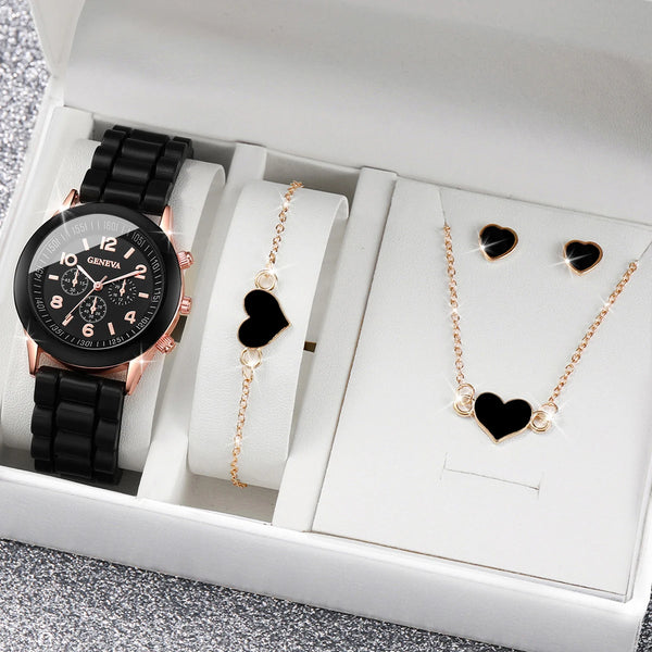 Women Watches Fashion Silicone Band Women Quartz Watches Heart Jewelry Set 4pcs/set