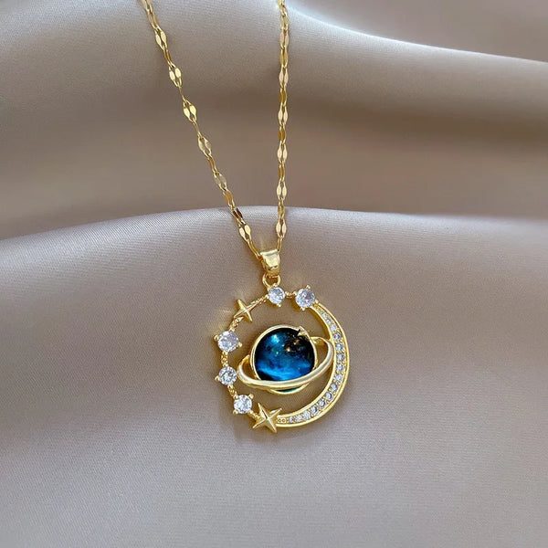 Luxury Inlaid Zircon Planet Moon Pendant Necklace For Women Titanium Steel Butterfly Water Drop Clavicle Chain Charm Jewelry