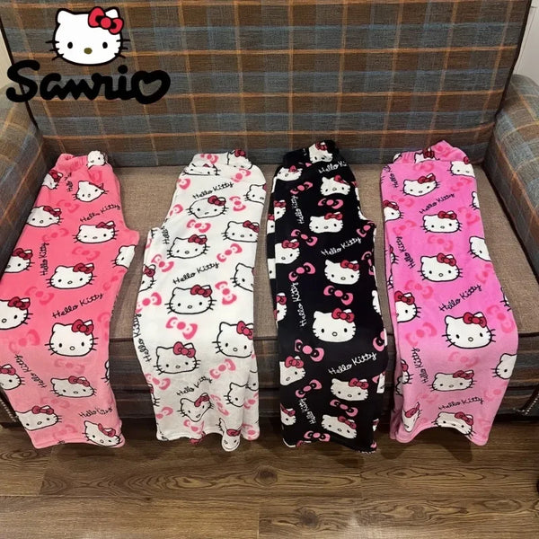 Sanrio Hello Kitty Pajamas Halloween Flannel Fashion Trouserswomen Kawaii Woolen Anime Cartoon Casual Home Pants Autumn